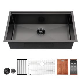 Undermount Kitchen Sink Single Bowl 16 Gauge Stainless Steel Gunmetal Black Workstation Sink (Design: Black with workstation, size: 23)