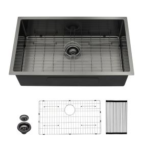 Undermount Kitchen Sink Single Bowl 16 Gauge Stainless Steel Gunmetal Black Workstation Sink (Design: Black, size: 28)