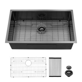 Undermount Kitchen Sink Single Bowl 16 Gauge Stainless Steel Gunmetal Black Workstation Sink (Design: Black, size: 30)